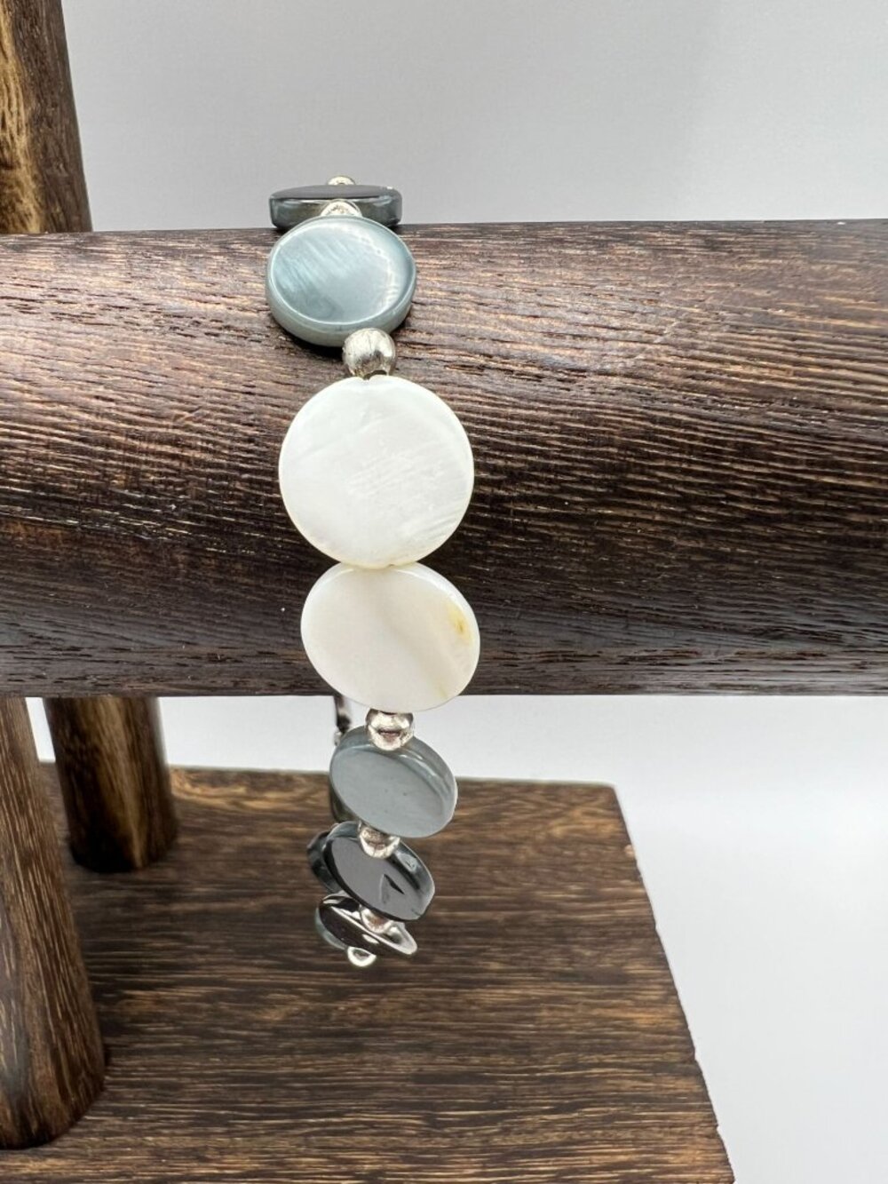 Mother Of Pearl & Hematite Stretch Bracelet With Round Beads & Silver Accents